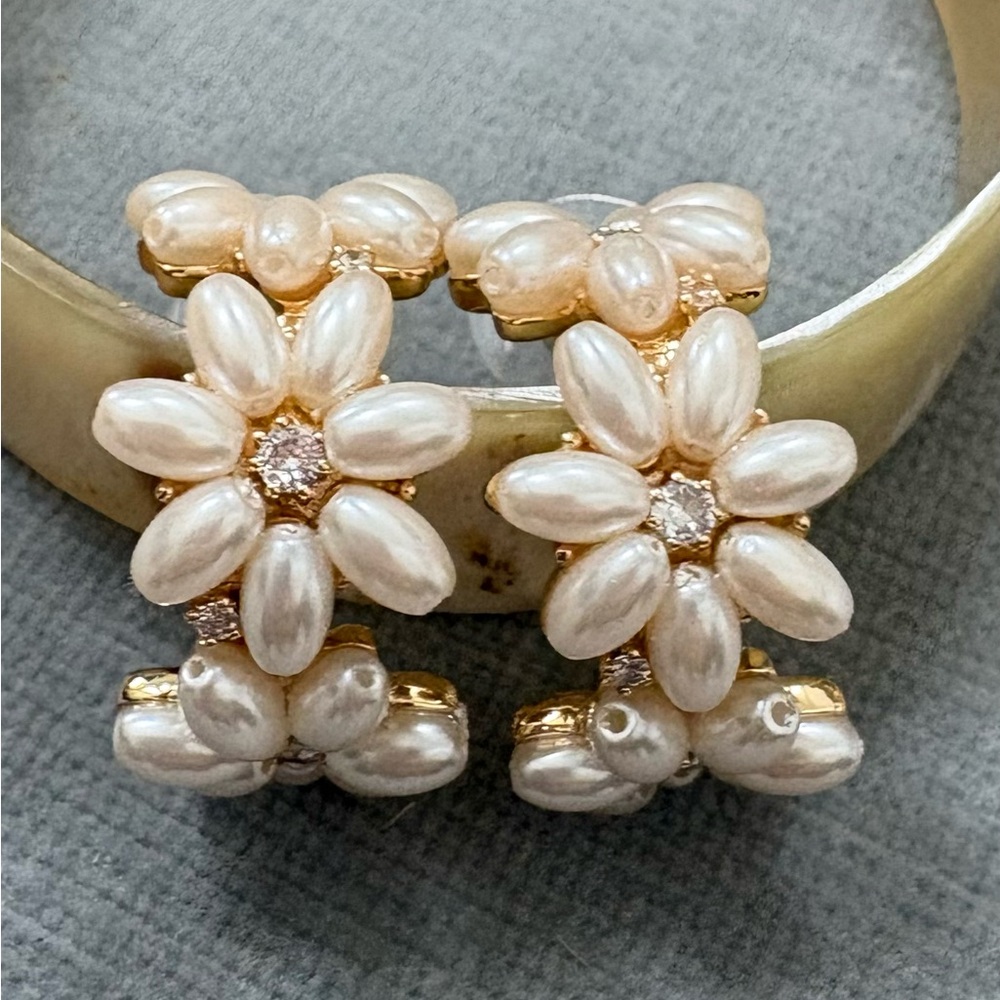 Pearl Floral Statement Earrings - Gold Tone